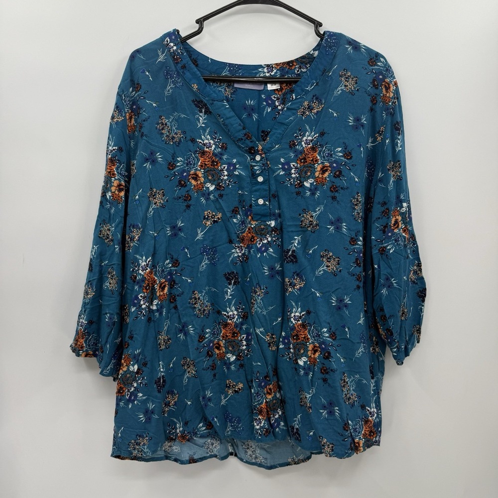 Laura Scott 2X Henley Blouse Womens Teal Blue Floral Roll Tab‎ Sleeve Top